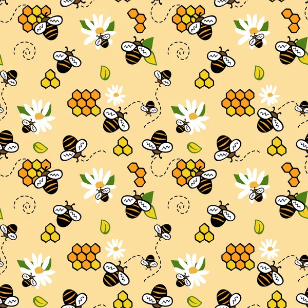 Niedliche nahtlose Muster mit Bienen, Honig und Kamille — Stockfoto
