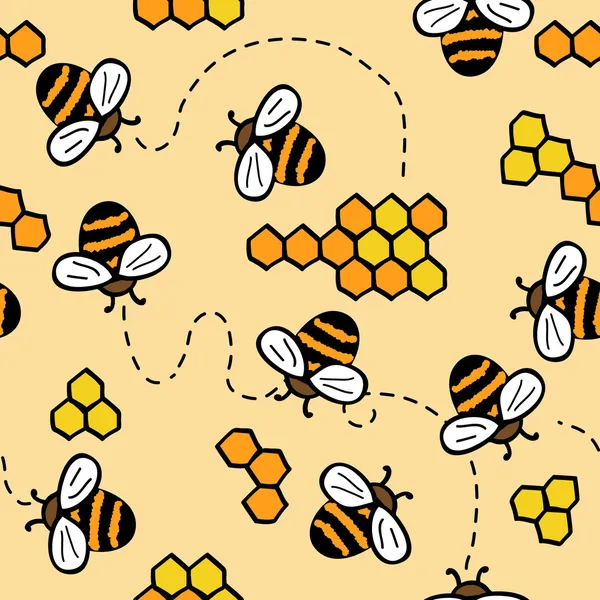 Padrão de vetor sem costura bonito com abelhas e mel — Vetor de Stock