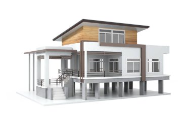 Evin 3D görüntüsü beyaz renkte izole edilmiş.