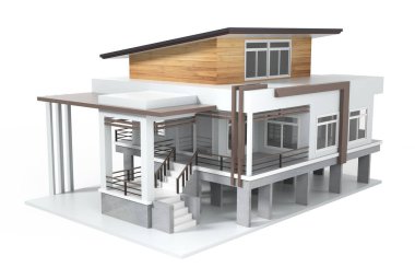 Evin 3D görüntüsü beyaz renkte izole edilmiş.