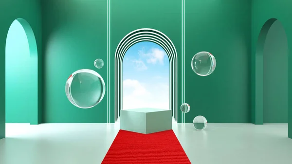 3D yeşil platformu neon ışıklı ve şeffaf cam halkalarıyla donatın. Geometrik şekiller ve ürün tasarımı için boş alan. En küçük pankart modellemesi.