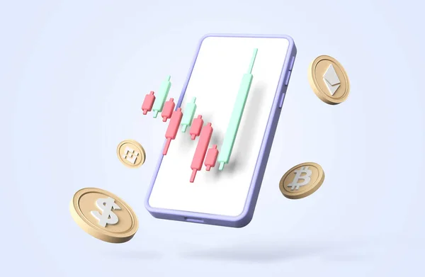 3D render ticari kripto para birimi eğilimleri ve bitcoin büyümesi, akıllı telefon kavramındaki bitcoin yatırım grafikleriyle her zaman artmaktadır..
