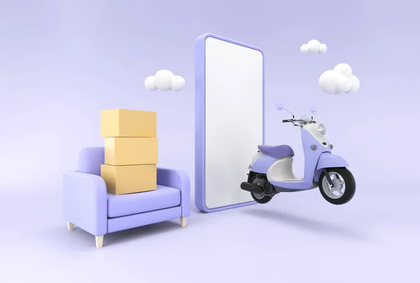 E-ticaret konsepti, mobil uygulama dağıtım hizmeti, scooter ile ulaşım, 3D görüntüleme.