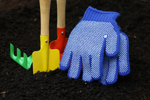 Conjunto de acessórios coloridos para jardinagem — Fotografia de Stock