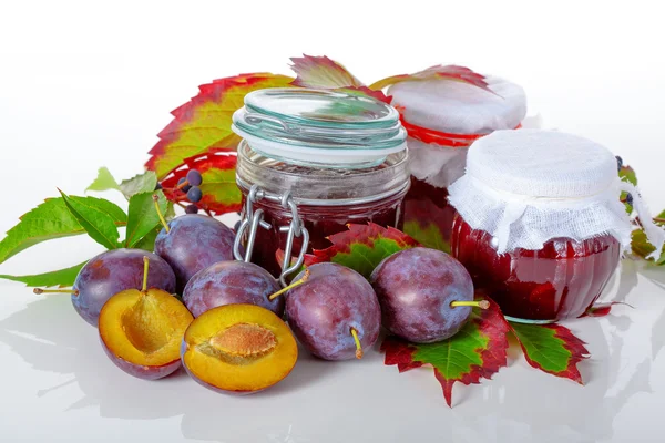 Jars of plum jams — Stock Photo, Image