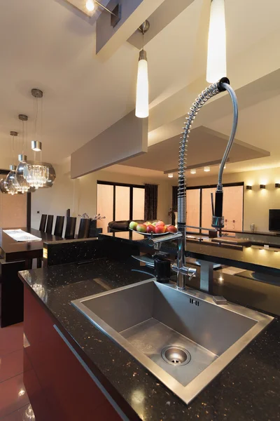 Silver rectangular sink in kitchen — Stock Photo, Image