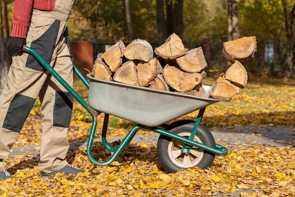 Worker pulling the barrow with firewood — Stock Photo, Image