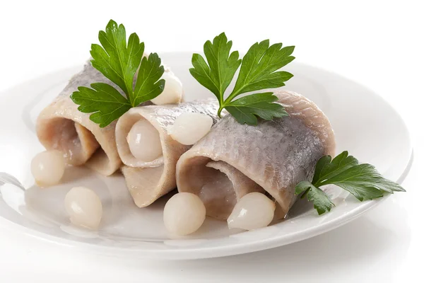 Delicious herrings with picle onions — Stock Photo, Image