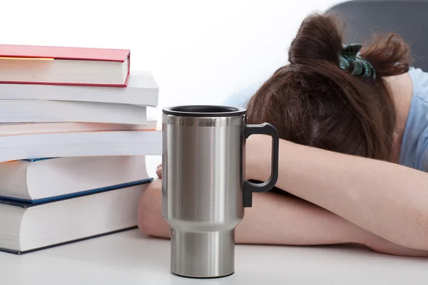 Female student, mug and books — Stock Photo, Image