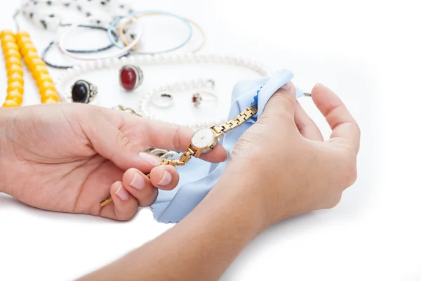 Gold watch polishing — Stock Photo, Image