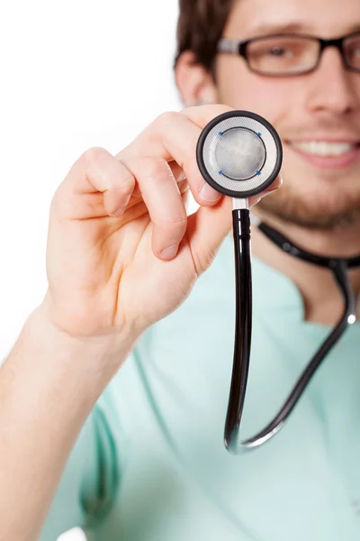 Closeup of a stethoscope in doctor's hand — Stock Photo, Image