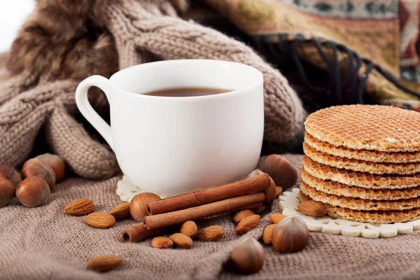 Hot drink, cinnamon and nuts — Stock Photo, Image