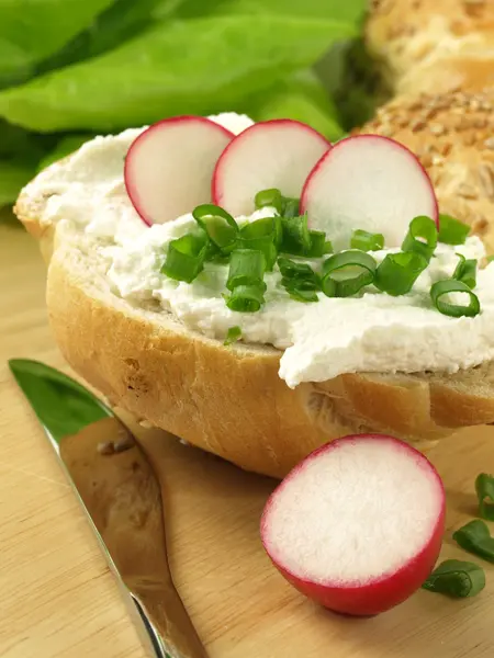 Close-up of nutritional sandwich witch cottage cheese, radish and chive — Stock Photo, Image