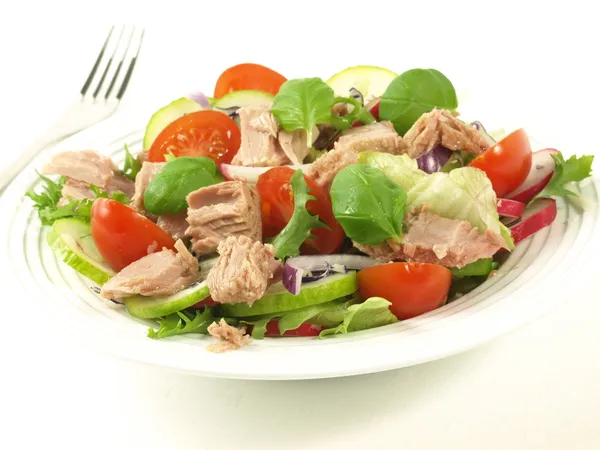 Salad with tuna, tomatoes, basil and onion. — Stock Photo, Image