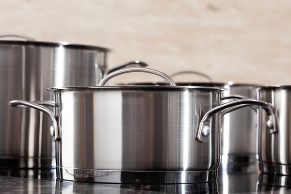 Aluminum pots in closeup — Stock Photo, Image