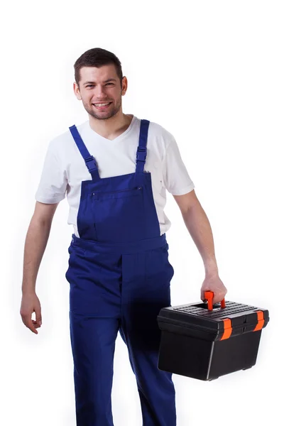 Handyman andando com caixa de ferramentas — Fotografia de Stock
