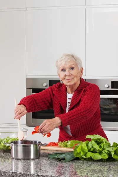 Äldre dam matlagning — Stockfoto