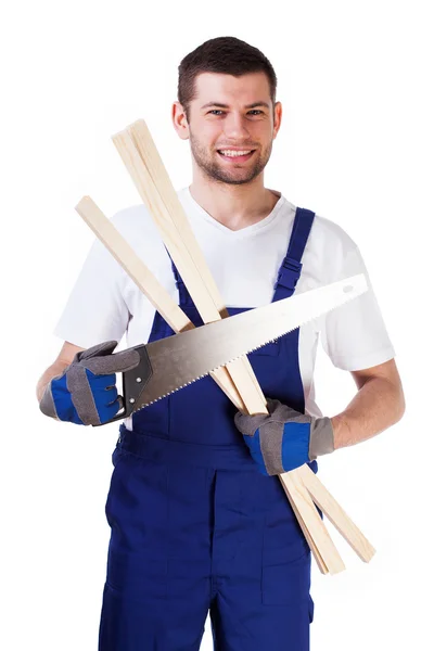 Hombre con sierra de mano y chapas — Foto de Stock