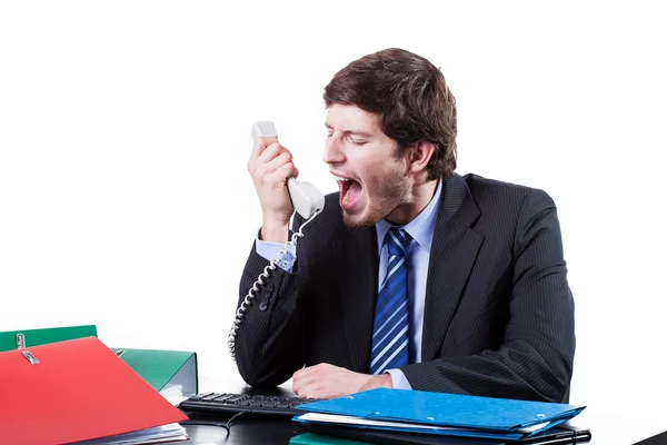 Businessman shouting to phone — Stock Photo, Image