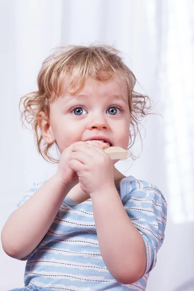 Маленька дитяча кусає іграшку — стокове фото