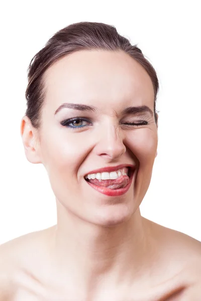 Mooie vrouw maken grappig gezicht — Stockfoto