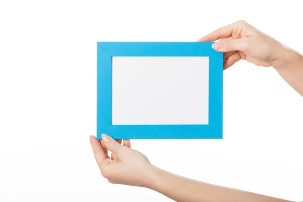 Handen met blauw frame — Stockfoto