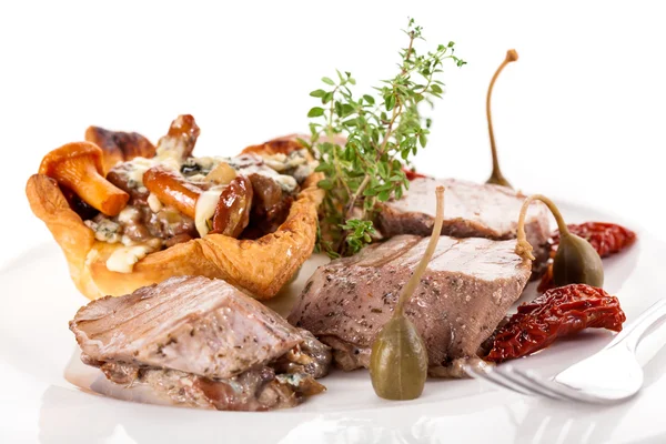 Fancy dinner with meat and mushrooms — Stock Photo, Image