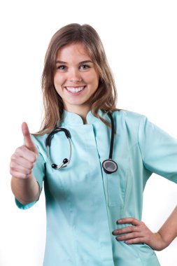 güzel kadın doktor yukarı işareti gösteriliyor