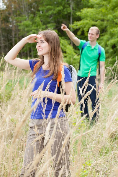 Couple on the meadow looking at the sky — Stock Photo, Image