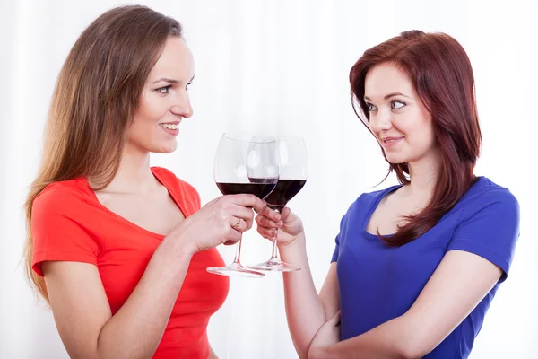 Bardak kırmızı şarap yükselterek güzel arkadaşlar — Stok fotoğraf