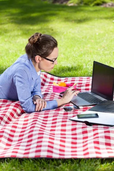 Senhora digitando no laptop — Fotografia de Stock