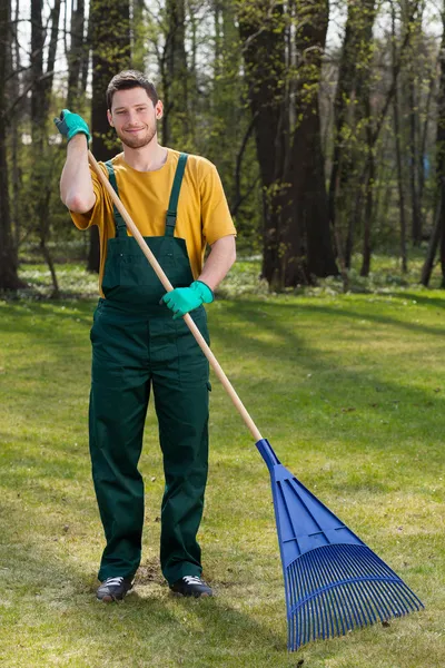 Homem raking folhas — Fotografia de Stock