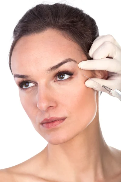The doctor injects liquid wrinkle preventive woman — Stock Photo, Image