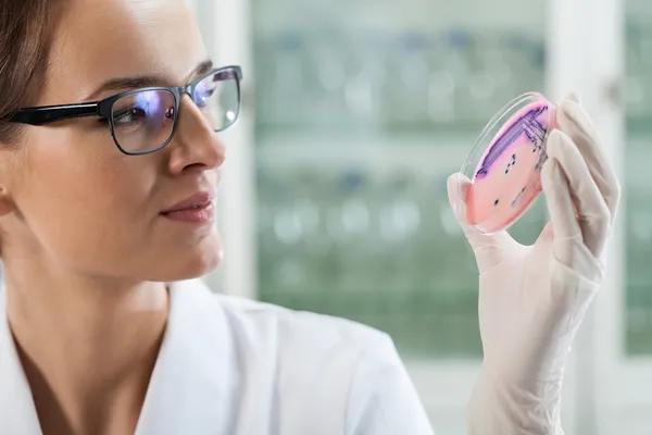 Mulher experimentando com microbactérias — Fotografia de Stock