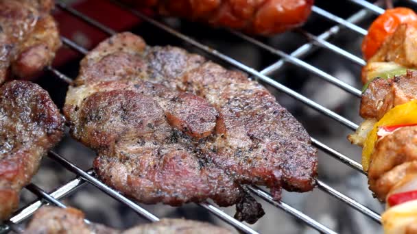 Barbecue de viande sur barbecue — Video