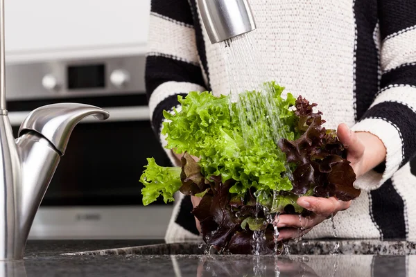 Mujer enjuagando lechuga — Foto de Stock