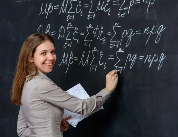 bir kara tahta üzerinde matematik yapıyor güzel öğrenci portresi