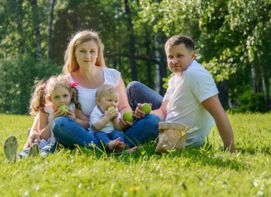 Parkta piknik üzerinde mutlu aile yeme elma