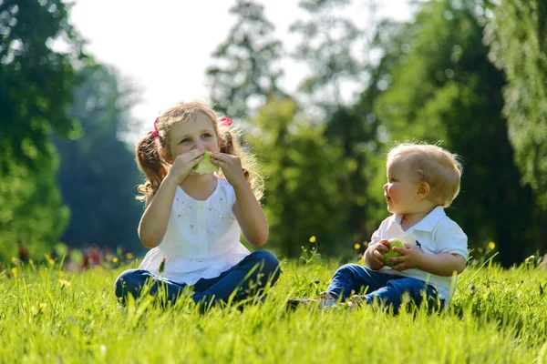 Niño y niña comiendo manzanas en el picnic en el parque — Foto de Stock