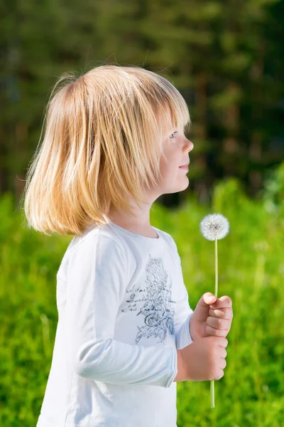 Cute smiling little boy with a dandelion — Stock Photo, Image