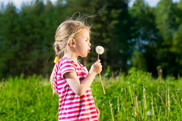 Linda niña rubia soplando un diente de león y pidiendo deseo —  Fotos de Stock