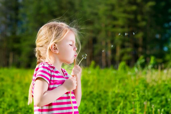 Pretty blonde little girl with closed eyes blowing a dandelion and making wish — Stock Photo, Image