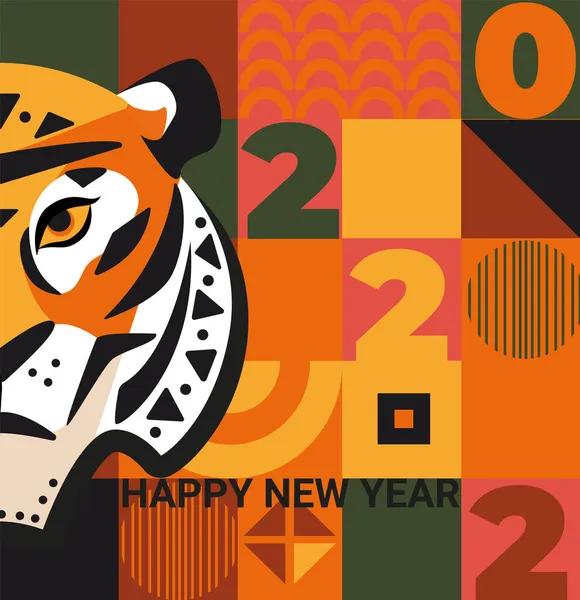 2022 Neujahrsgrußkarte Mit Halbem Tigergesicht Auf Geometrischem Hintergrund Mit Quadratischen — Stockvektor