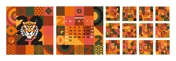 Monatlicher Wandkalender 2022 Mit Monaten Auf Geometrischem Hintergrund Mit Tigergesicht — Stockvektor