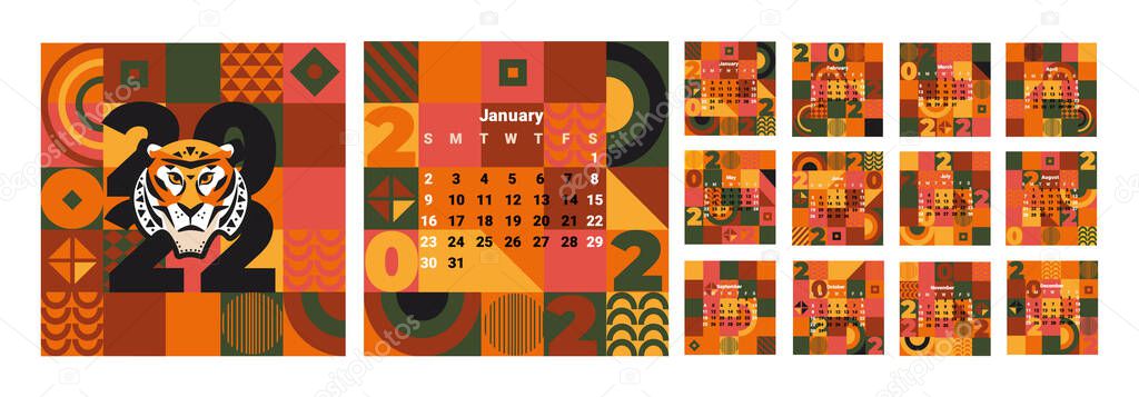 2022 Monthly Wall Calendar with 12 month on geometric background with tiger's face as new year symbol. Week starts on Sunday.Template design for organizer and planner in new year.Vector illustration.