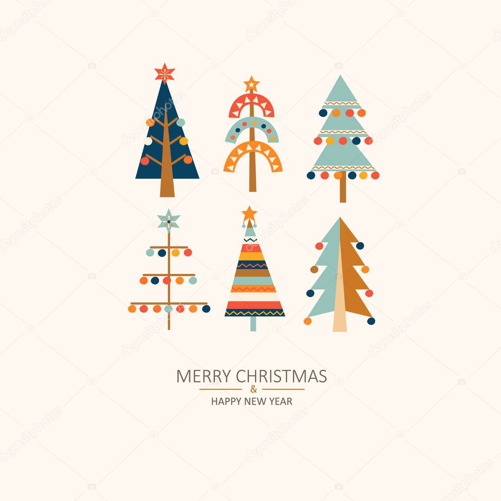 Merry Christmas greeting card with hand drawn christmas trees with toys in Scandinavian style. Xmas isolated cozy decor elements. Template for invitation,wishing,design.Vector illustration.