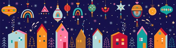 Bożonarodzeniowy Baner Poziomy Ręcznie Rysowanymi Zabawkami Domami Drzewami Pod Śniegiem — Wektor stockowy