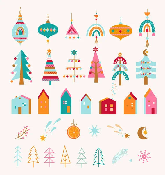 Definir Elementos Decorativos Isolados Natal Mão Desenhado Árvores Natal Casas —  Vetores de Stock