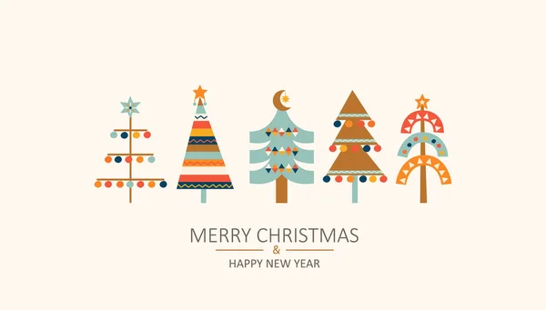Boldog Karácsonyi Üdvözlőlapot Készlet Kézzel Rajzolt Karácsonyfák Játékok Skandináv Stílusban — Stock Vector