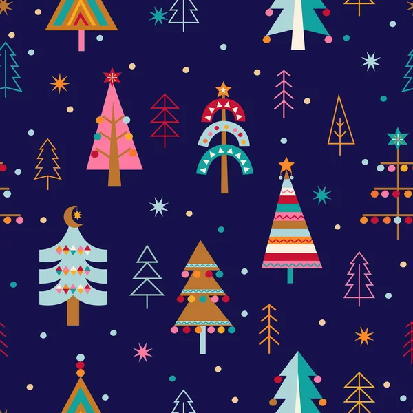 Vánoční Bezešvé Vzor Ručně Kreslené Vánoční Stromky Hračkami Skandinávském Stylu — Stockový vektor